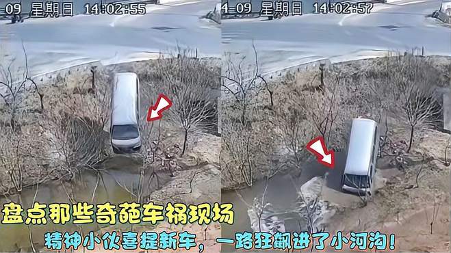 盘点那些奇葩车祸现场：精神小伙喜提新车，一路狂飙开进了池塘中