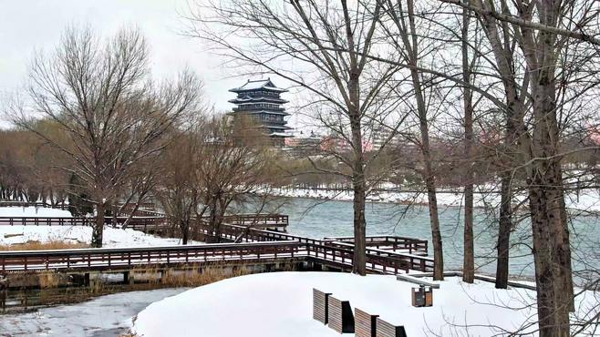 航拍雪后的西流湖，更像一幅水墨丹青