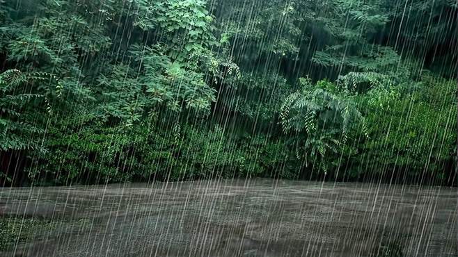 大雨倾盆而下，后院传来雨声——放松心情