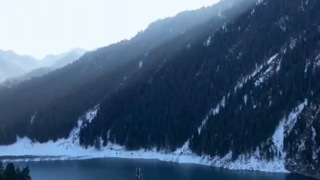 汽车行驶在天山大峡谷景区钟，两旁峻峭的山上，长满了雪岭云杉