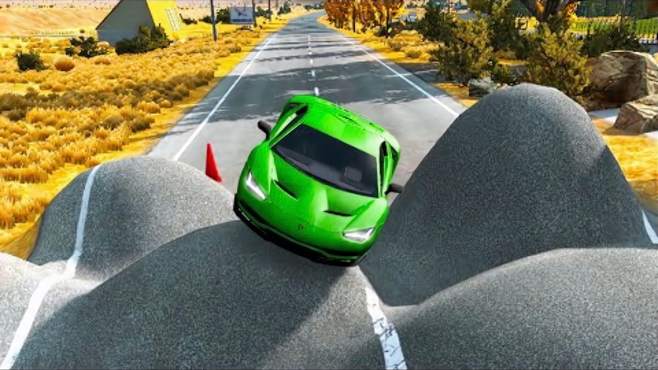 BeamNG：路面膨胀成面包，不看路的司机开兰博基尼冲向超大减速带